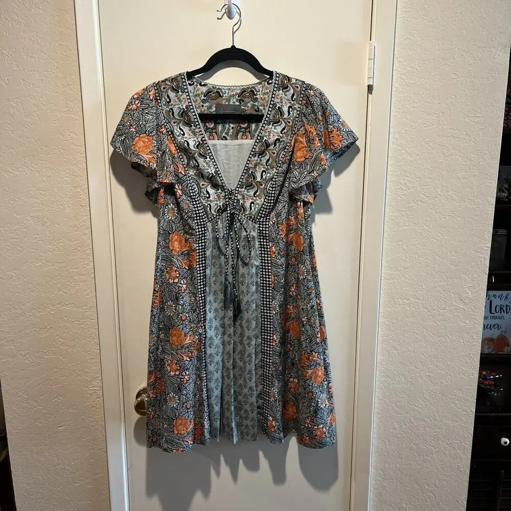 Anthropologie Knee Length Dress Multicolored Deep V Neckline Women’s Size S Boho - Picture 2 of 11